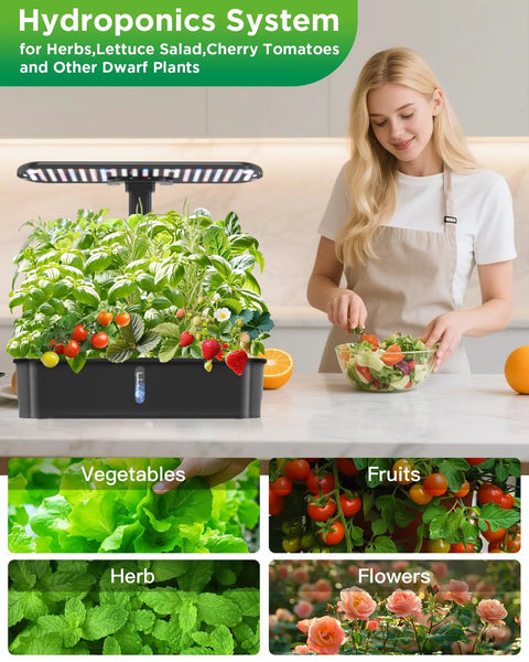 Smart Indoor Herb Garden Kit With 24W LED Grow Light on kitchen counter with woman preparing salad, easy setup, no green thumb needed