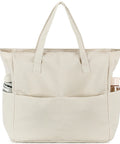 Large 36L Waterproof Beach Tote Bag For Women With Zipper Wet Pocket Sandproof Lightweight Foldable Carryall For Beach Vacation Gym Grocery Khaki White Stripes, front view with pockets.