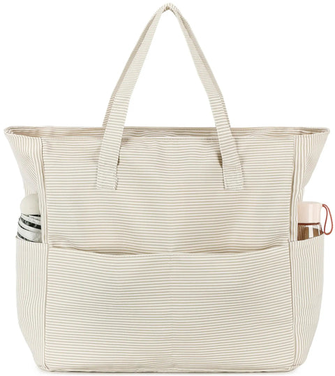 Large 36L Waterproof Beach Tote Bag For Women With Zipper Wet Pocket Sandproof Lightweight Foldable Carryall For Beach Vacation Gym Grocery Khaki White Stripes, front view with pockets.