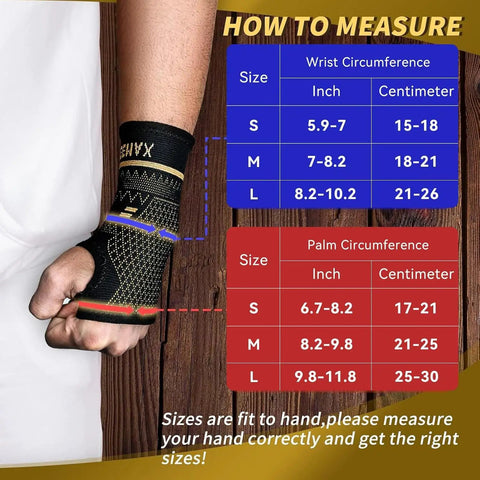 How to measure size for Copper Wrist Compression Sleeve 1 Pair For Pain Relief And Support, left hand sleeve shown on arm