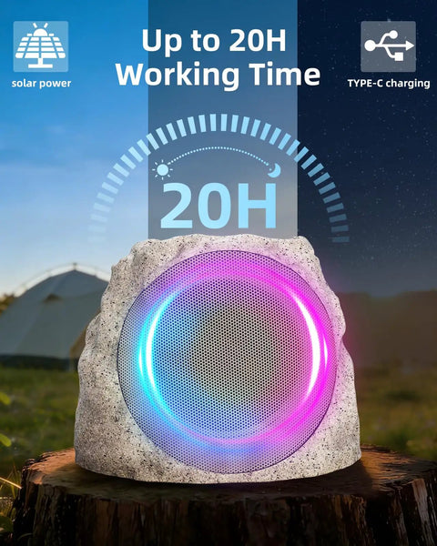 Rock Style Outdoor Bluetooth Speakers With Lights For Patio And Pool, Waterproof, Solar Powered, showing 20H working time