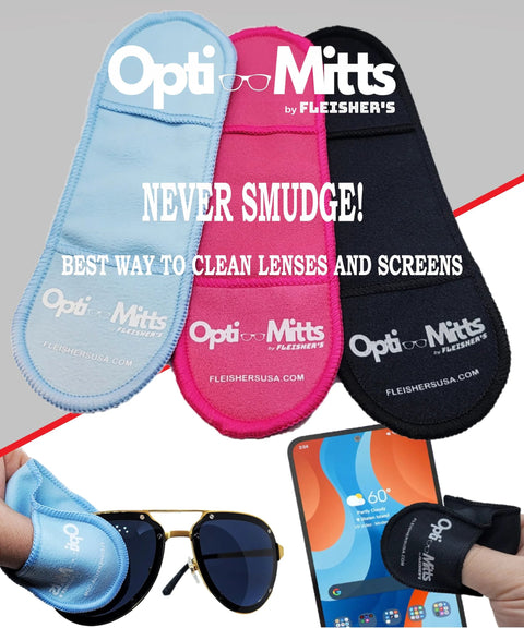 Opti-Mitts by Fleisher's eyeglass cleaning mitts, 3-pack, blue, pink, and black microfiber