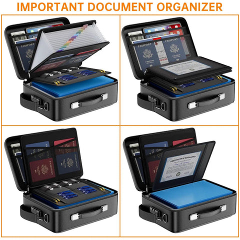 Fireproof Document Box With Lock And Shoulder Strap, Hard Shell Case File Organizer With Accordion Folders, Multi Layer Portable Safe Storage