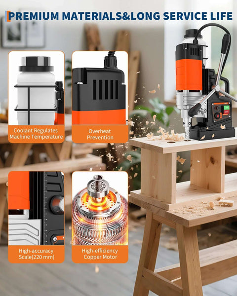 Front view of GarveeTech magnetic drill press on a workbench, orange/black 1750W, 2in bore with 10-piece drill bits