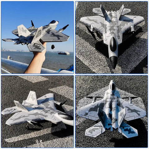 F22 Style 4 Channel RC Airplane With Xpilot Stabilization System in flight and on ground, showcasing design for kids and adults