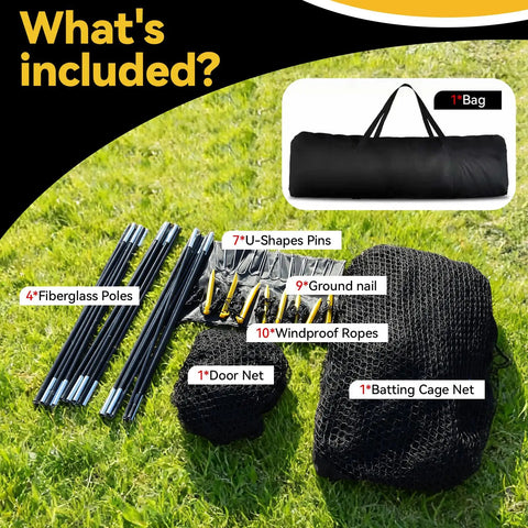 Backyard Baseball Batting Cage 22 Ft Portable With Heavy Duty Net Durable 4 Layer Polyester Ideal Softball And Baseball Training Easy Setup Superior Ball Stopping Power Includes Complimentary Handbag components on grass, showing poles, net, and accessories.