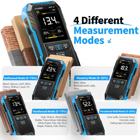 Pinless Wood Moisture Meter WMT-10 Go-To Rechargeable Digital Moisture Tester For Wood Walls Firewood Lumber Concrete And Building Materials With Data Hold And Record Built-In Flashlight Humidity Detector showing 4 measurement modes