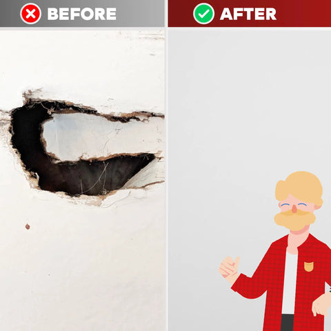 Before and after using Heavy Duty Aluminum Drywall Patch Kit 12 Pack With Fiberglass Mesh Mess Free Self Adhesive Wall And Ceiling Hole Patches 4 6 8 Inch For Sheetrock Durable DIY Fix That Sticks And Lasts showing repaired wall