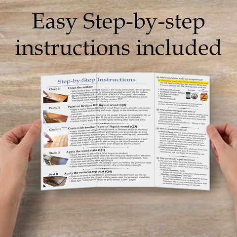 Hands holding instructions for Liquid Wood Look Alike Stainable Paint That Feels Like Real Wood Paint It Then Stain It Solution