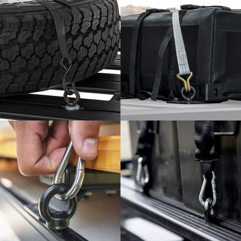 Beefy 8 Piece T Track Mount Tie Down Anchor Kit For Roof Rack With M8 Stainless Steel Eye Bolts Nuts And Washers Track Bolts For Holding Bungee Cords And Rope Hooks Black Heavy Duty Cargo Security Gear in use on various roof rack setups.