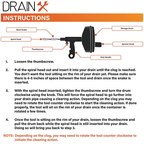 Instructions for using a 25 Foot Drain Auger Snake For Fast Clog Busting Flexible Quarter Inch Steel Cable Works On One And A Quarter To Two Inch Pipes Includes Work Gloves And Storage Bag.