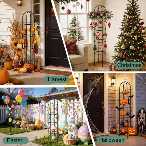 Collage of Obelisk Garden Trellis 6.6 Ft Tall Metal Plant Support decorated for Harvest, Christmas, Easter, and Halloween.