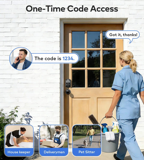 Person accessing home with Keyless Entry Door Lock With Handle And Electronic Keypad Deadbolt, shown in a residential setting.