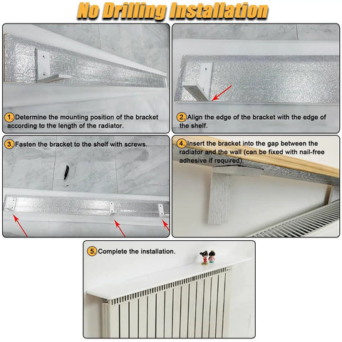 Installation guide for Custom Size Wooden Radiator Shelf Cover Wall Mounted Hidden Storage Panel with Heavy Duty Steel Brackets.