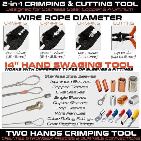 Heavy Duty 14 Inch Hand Swaging Crimping Tool with no slip handles for easy leverage crimps on sleeves for stainless, copper, aluminum cables