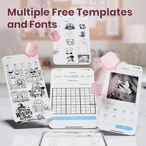 Smartphone screens displaying PM290C Portable Mini Sticker Printer Inkless Bluetooth Maker with templates and designs.