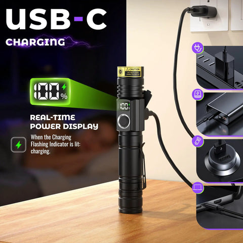 Ultra Bright 395nm UV Flashlight With LCD Display And USB C Rechargeable 10W Power Clip On Zoomable Beam charging on table