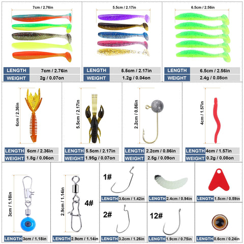 All In One 220 Piece Fishing Lures Kit Box With Soft Plastics Hooks Swimbaits Crankbaits Jigs And Accessories For Bass Crappie And Panfish Travel Ready Tackle Gear Set Great Gift For Men shown with measurements.