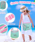 Child with pink and green mesh storage bag from Ultimate Beach Treasure Hunt Kit For Kids And Families walking on sandy beach.