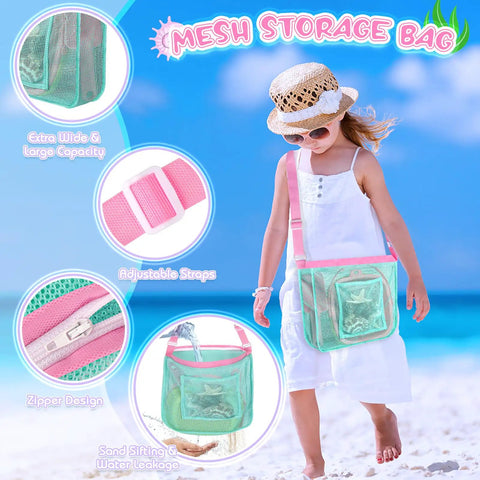 Child with pink and green mesh storage bag from Ultimate Beach Treasure Hunt Kit For Kids And Families walking on sandy beach.
