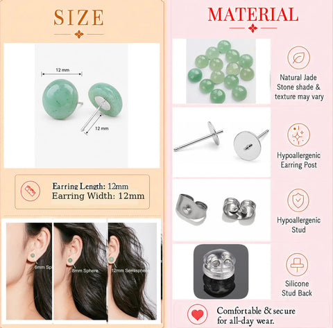 Real Jade And Lapis Lazuli Tiger Eye Stud Earrings Set For Women With Hypoallergenic Steel Posts 6mm 8mm Ball Studs And 12mm Flat Back Large Stud Handmade Sage Green Jewelry For Sensitive Ears Dope Gift For Anniversary Graduation Back To School, 12mm jade stud