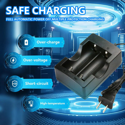 Two Slot 18650 Battery Charger For Li Ion Rechargeables 4.2V With Smart IC Auto Stop When Full US Plug Charger No Fuss Universal 18650 26650 Compatible Battery Charger, black two-slot cradle