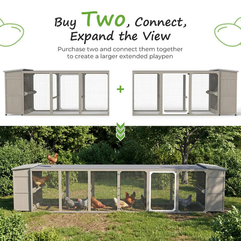 Expandable Two Story Chicken Coop With Six Nesting Boxes And Connectable Outdoor Run for backyard flock expansion shown.