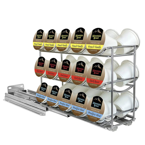 Slide Out Coffee Pod Holder And K Cup Organizer For Narrow Cabinets, Slim Pull Out Rack Keeps 30 Pods Stocked, Chrome Finish