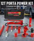 12 Ton Portable Hydraulic Ram Jack Pump Kit With Heavy Duty Lifting Power For Auto Body Car Frame Straightening And Equipment Repair. Complete set with red hydraulic tools.