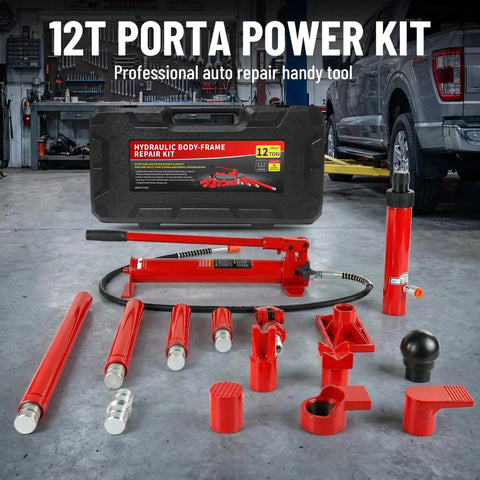 12 Ton Portable Hydraulic Ram Jack Pump Kit With Heavy Duty Lifting Power For Auto Body Car Frame Straightening And Equipment Repair. Complete set with red hydraulic tools.