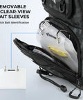 Detail of BaitSpace Standard Fishing Tackle Sling Bag showing removable clear-view bait sleeves in durable 420D nylon material.