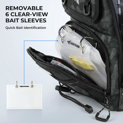 Detail of BaitSpace Standard Fishing Tackle Sling Bag showing removable clear-view bait sleeves in durable 420D nylon material.