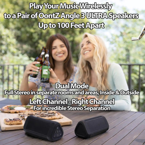 Angle 3 Ultra 2 Pack Portable Bluetooth Speakers on picnic table with two women enjoying music outdoors, IPX7 waterproof