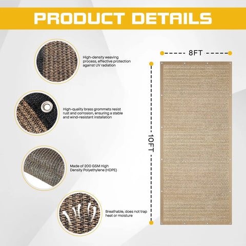 Durable 8 By 10 Foot Pergola Shade Cloth With Grommets, 90 Percent UV Block, product details and material composition image