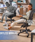Woman demonstrating Heavy Duty Black Office Chair Wheels Set of 5 with Soft Polyurethane Casters for office mobility.