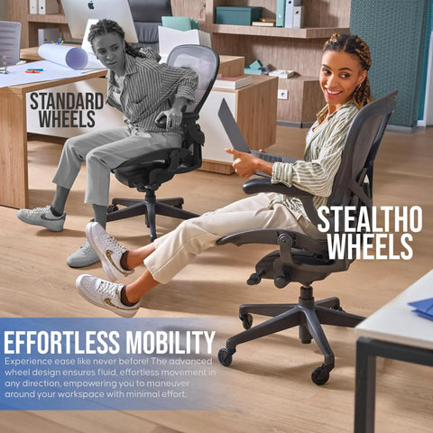 Woman demonstrating Heavy Duty Black Office Chair Wheels Set of 5 with Soft Polyurethane Casters for office mobility.