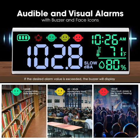 Massive 13 Inch LED Sound Level Meter With Time Temperature Humidity Large Display Wall Mount Or Desktop Noise Monitor With Buzzer Alarm And Icon Indicators For Classroom Studio Home Use showing alarm icons and 10:26 AM