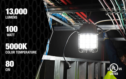 13,000 Lumen LED Overhead Work Light With Ceiling Mount Hook, 150W 120V, Stainless Steel Cage illuminating a work site