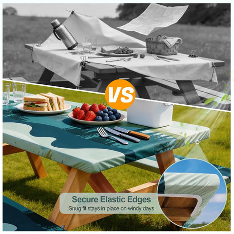 Image comparing uncovered table to one with Waterproof Windproof Picnic Table Cover With Bench Covers 3 Piece Set