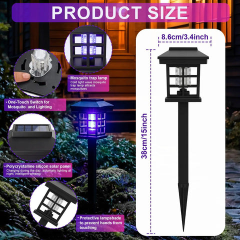 4 Pack Solar Bug Zapper Outdoor Waterproof 2 in 1 Mosquito Zapper And LED Light Fly Trap Lamp size and features display