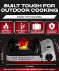 Image of a 15,000 BTU Butane Portable Camp Stove With Piezo Ignition And Double Wind Guard, highlighting features and dimensions.