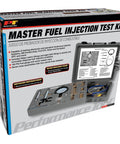 Ultimate Fuel Injection Diagnostic Kit With 0 To 100 PSI Gauge, packaging and tools, universal adapters shown