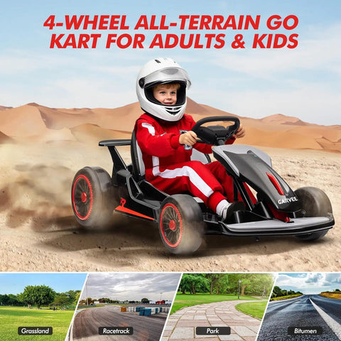 Child driving 24V Electric Go Kart For Kids 6 To 12 With Dual 200W Motors, 8.1 MPH Speed, Drift And 360 Spin, LED lights