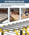 Boss Level Heavy Duty Portable Rolling Conveyor Table 660 Lb Load Capacity Expandable Roller Hauler With Smooth Casters No Sweat Material Moving Work Surface Station showing 22" wide rollers for easy material transport.