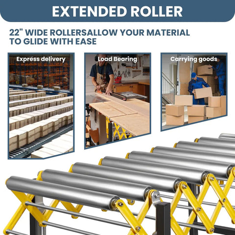 Boss Level Heavy Duty Portable Rolling Conveyor Table 660 Lb Load Capacity Expandable Roller Hauler With Smooth Casters No Sweat Material Moving Work Surface Station showing 22" wide rollers for easy material transport.