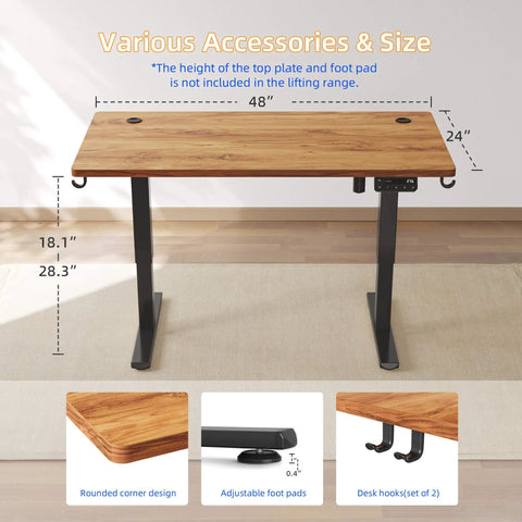 Yihayo Electric Standing Desk For Short People With 48 By 24 Inch Surface And Rustic Brown Finish showing height and design features.