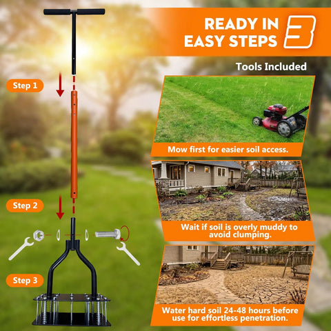 Heavy Duty Lawn Aerator Tool With Pro-Grade 15 Sharp Spikes For Deep Soil Loosening, Manual Grass Aerator Assembly Steps