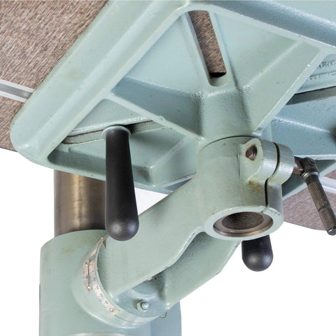 Rock Solid Heavy Duty Drill Press Table With Hella Stable Vibration Damping Platform Built Tough For Woodworking And Metalworking Featuring Ultra Dense Base And Smooth Operator Work Surface showing detailed adjustable mechanism and base.