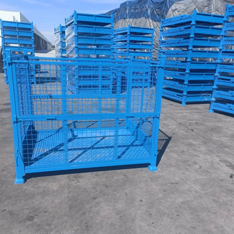 Heavy Duty Cold Rolled Steel Foldable Storage Cage Built Like A Tank Collapsible Industrial Bin for Warehouse Logistics, blue color, empty crate.