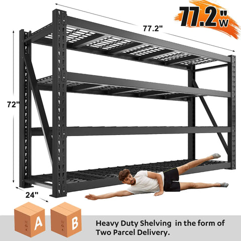 Beefy 8000 Lbs Capacity Garage Shelving System, 77 Inch Wide Heavy Duty Industrial Shelves, 2000 Lbs Per Shelf, Built Tough With Crossbeams And Steel Mesh For Maximum Load And Ultra Organized Space, 77.2W x 72H x 24D